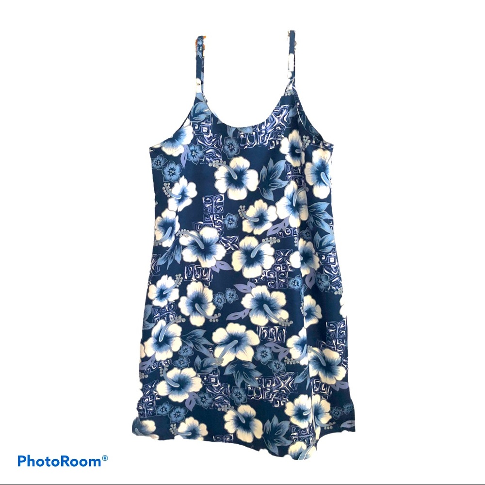 Vintage‎ Hawaiian Hibiscus Slip Dress Blue White Tropical Sundress Resort Wear L - Picture 4 of 12